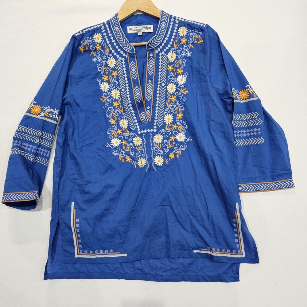 J. Peterman Embroidered Tangiers Boho Tunic Top 100% Cotton Womens  V Neck Med